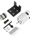 Mini Table Drill Kit With 12-24V DC Motor, 10000-20000 RPM showing motor, chuck, mounting bracket, and accessories for DIY projects