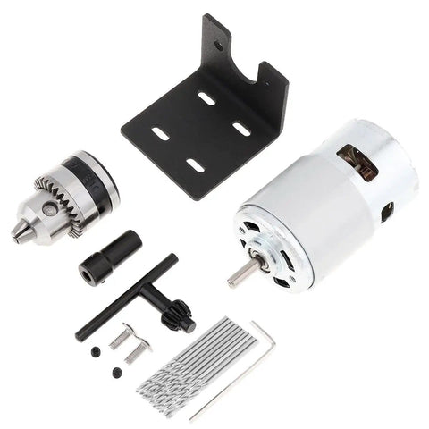 Mini Table Drill Kit With 12-24V DC Motor, 10000-20000 RPM showing motor, chuck, mounting bracket, and accessories for DIY projects