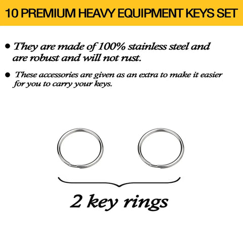 Two stainless steel key rings for All In One Heavy Equipment Key Master Set With 10 Replacement Ignition Keys Easy To Add Or Swap Keys.