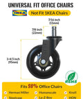 Universal fit 3 inch office chair wheel with 11x22mm stem, not compatible with IKEA, showing dimensions and usage.