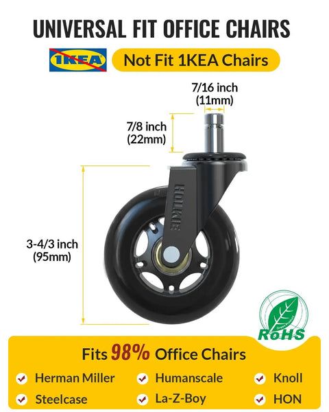 Universal fit 3 inch office chair wheel with 11x22mm stem, not compatible with IKEA, showing dimensions and usage.