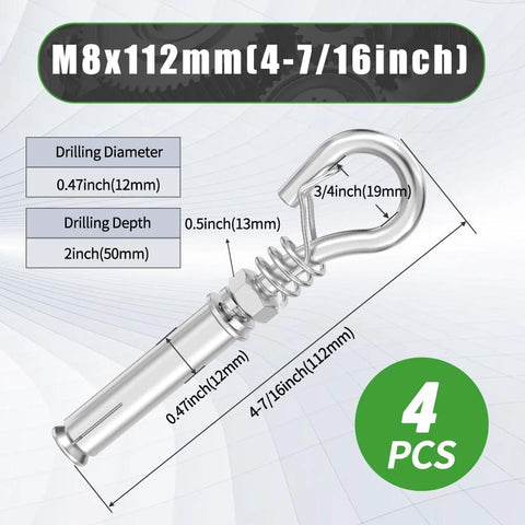 Diagram of M8 By 112 Mm Concrete Anchors With Spring Hook 304 Stainless Steel Expansion Screws, showing dimensions.