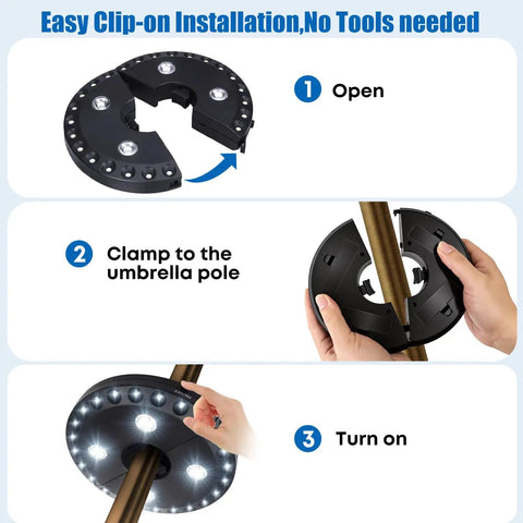 Installation guide showing how to attach Cordless Patio Umbrella Light With 3 Brightness Modes to a pole; step-by-step instructions.
