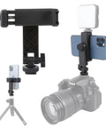 Universal Phone Tripod Mount Adapter with 360 Degree Rotation for Hot Shoe Cameras and DSLRs, 1/4 Inch Screw, on camera.