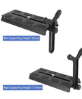 Dual Wheel Y Shaped Lens Support Bracket showing min 22mm and max 71.5mm height for S and SC camera stabilizers
