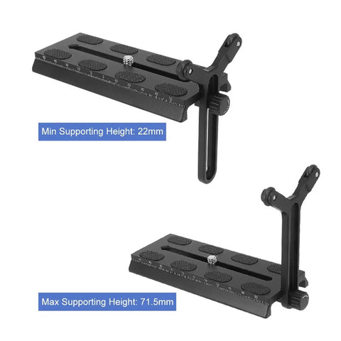 Dual Wheel Y Shaped Lens Support Bracket showing min 22mm and max 71.5mm height for S and SC camera stabilizers