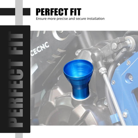 Blue Aluminum Oil Filler Funnel For Yamaha Tenere 700 Series installed, showing precise fit on motorcycle