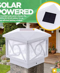 Geometric Square Solar Post Cap Lights For 4x4 And 5x5 Posts featuring top-mounted solar panel, on wooden fence.