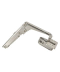 Two Pack Pie Cut Corner Overlay Hinges for Bi-Fold Cabinets, 70 Degree Self-Closing Concealed Doors in silver metal, side view.