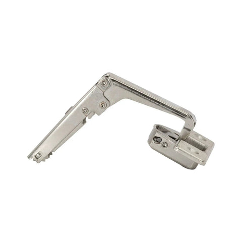 Two Pack Pie Cut Corner Overlay Hinges for Bi-Fold Cabinets, 70 Degree Self-Closing Concealed Doors in silver metal, side view.