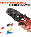 Killer Ratcheting Wire Crimper For 22-10 AWG Terminals, crimping tool in hand with wire connectors on surface.