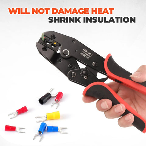 Killer Ratcheting Wire Crimper For 22-10 AWG Terminals, crimping tool in hand with wire connectors on surface.