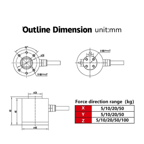 Technical diagram of 3/6-Axis Load Cell 100kg Multi-Component Force Sensor For Torque Measurement And Torque Wrench Calibration