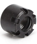 Durable Steel CNC Collet Nuts For Woodworking Machines That Fit ER11M ER16M ER20M, featuring a close-up of a black steel collet nut.