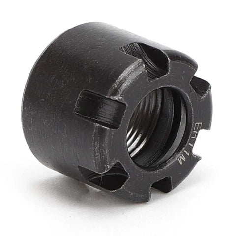 Durable Steel CNC Collet Nuts For Woodworking Machines That Fit ER11M ER16M ER20M, featuring a close-up of a black steel collet nut.