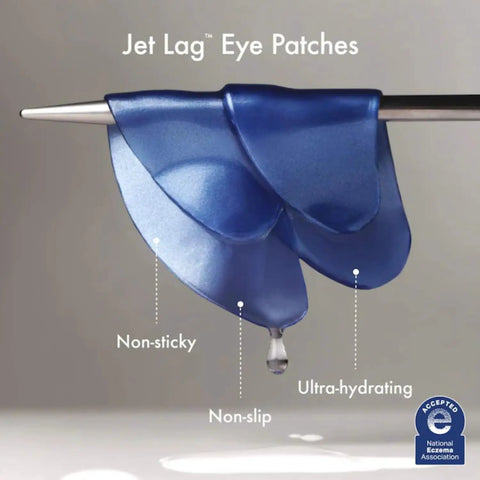 Jet Lag Under Eye Patches Hydrating Hydrogel Eye Masks With Caffeine And Peptides hung on a rod