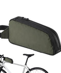 Green Frame Storage Pouch For Cycling Top Tube Bag And Bikepacking Gear, Ride Ready Road Bike Frame Organizer on bicycle