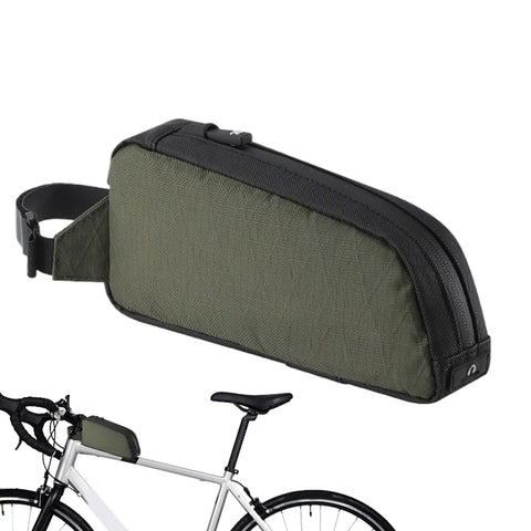 Green Frame Storage Pouch For Cycling Top Tube Bag And Bikepacking Gear, Ride Ready Road Bike Frame Organizer on bicycle