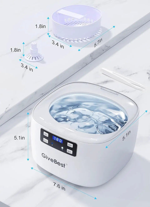 Powerful 45KHz Ultrasonic Jewelry Cleaner With 25oz Stainless Steel Tank, 35W Power, 5 Cleaning Modes And Timer, shown with accessories