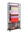 Heavy Duty Steel Mobile Cart And Fabric Roll Storage Rack For Textile Wallpaper Organizing With 200Kg Capacity And Slick Lockable Casters That Make Rolling No Stress holding multiple colorful fabric rolls vertically.