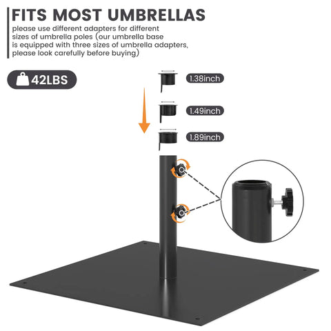 Sturdy 40 Pound Outdoor Umbrella Base With Stainless Steel Tube And Heavy Duty Square Steel Stand In Black Powder Coat For Patio