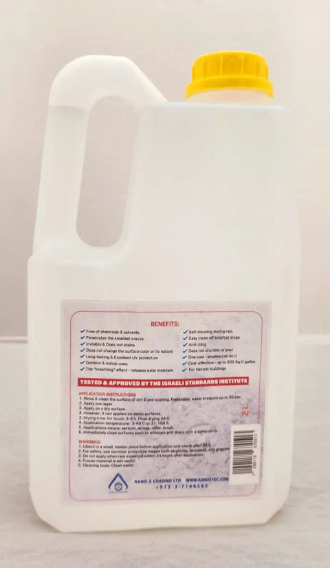 No Fuss Nano Stone Sealer For Concrete Marble Granite And Cement Eco Friendly bottle with yellow cap, 2 liters.