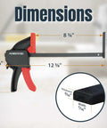 POWERTEC 2-pack tracksaw track-guide rail clamps with red handles on a grey guide rail, 8-3/4 inches