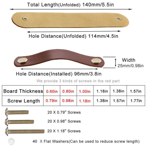 Dimensions and components of 10 Pack Soft Genuine Leather Drawer Pulls Handles 5-1/2 Inch By 1 Inch with screws