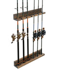 Wall Mounted Burnt Wood Fishing Rod Holder For Garage Adjustable Vertical Pole Rack That Holds Six Rods Rustic Fisherman Organizer