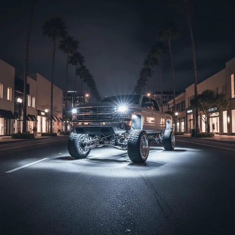 Truck with 12 Pod White Rock LED Underglow Lights Kit 6000K Pure White IP68 Waterproof lighting street at night