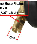 Propane hose fitting, brass, 9/16-18 LH thread, attached to a gas regulator