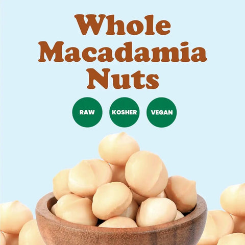 Whole macadamia nuts in a brown bowl, labeled raw, kosher, vegan, Macadamia Nuts Bulk 25 Pound Raw Unsalted Unroasted For Snacking And Baking Keto Friendly Kosher And Vegan Snackable Mac Nut Rich In Manganese Thiamin And Copper High Fiber Healthy Fats Perfect Bulk Bag.