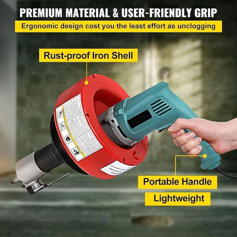 Heavy Duty Electric Drain Auger Sewer Snake With 26 Foot Spring Steel Cable showing ergonomic grip and rust-proof shell.