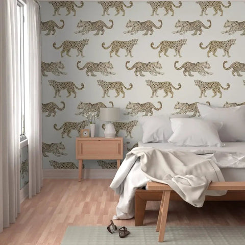 Heavy Duty Leopard Print Wallpaper With A Classic Matte Linen Texture Designed For Busy Kitchens And Bathrooms Because This Stuff Really Hits Different And Holds Up Forever in a bedroom setting.