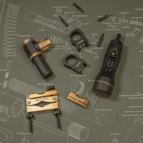 All In One Scope Mounting Kit With Laser Bore Sighter, Reticle Leveling System And Fat Wrench components on grey mat