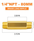 Brass Long Nipple Set 1 Quarter Inch NPT Male To Male Hex Pipe Fittings with measurements, corrosion resistant forged brass