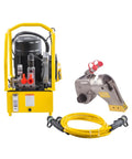 Heavy Duty Hydraulic Torque Wrench Square Drive Bolt Tightening Tool 700 Bar Pressure Rotary Return Mechanism with hose and reaction arm.