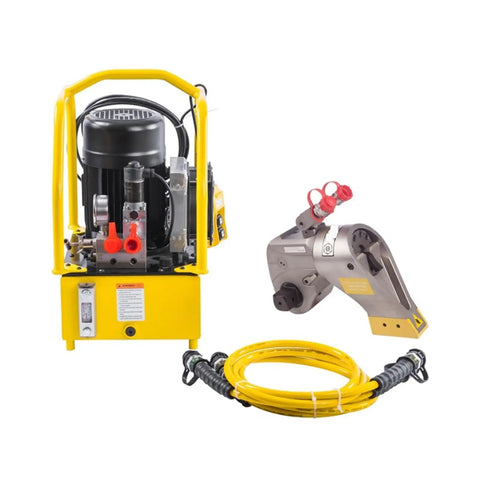 Heavy Duty Hydraulic Torque Wrench Square Drive Bolt Tightening Tool 700 Bar Pressure Rotary Return Mechanism with hose and reaction arm.