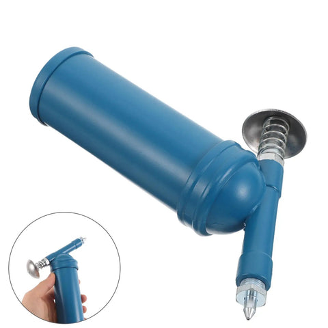 Mini Manual Grease Gun 80cc with precision locking nozzle in sky blue, lightweight pump tool for excavators and cars maintenance.