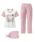 Teeth Print Stethoscope Scrubs Set for Women in Pink, 3-Piece Medical Uniform with V-Neck Top, Straight-Leg Pants, Scrub Cap