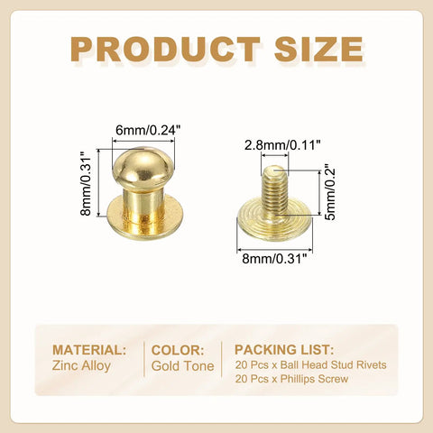 Rock Solid Gold Tone Leather Rivets With Ball Head Studs And Quick Spin Chicago Screws For Handbag Repair Belt Mending And Custom Craft DIY Projects That Set Up Without A Sweat And Deliver Pro Results Every Time, product size image showing dimensions 6x8mm.