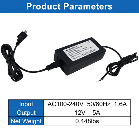 Front view of black AC/DC power adapter, 12V 5A output, 100-240V input, with input cord and DC output cable
