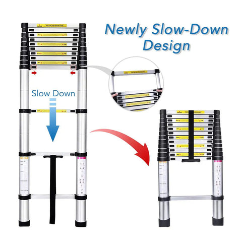 Telescoping Extension Ladder 12 and a Half Ft Aluminum Alloy Lightweight Workhorse for Roofing with slow-down design feature.