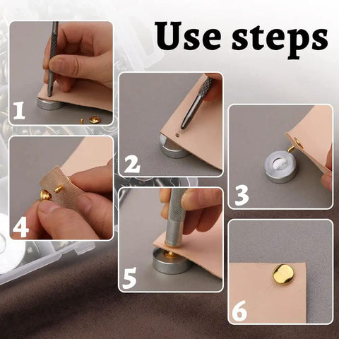 Step-by-step use of DIY Leather Rivet Kit 240 Sets Tubular Double Cap Rivets In Gold Silver Brown Black 3 Sizes 4 Colors With Rubber Hammer