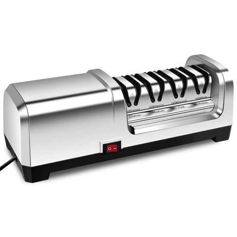 Front view of a 4-Stage Professional Electric Knife Sharpener with diamond abrasives and ultra quiet motor, featuring precision guides.
