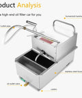 550W Commercial Oil Filter Cart Truck Separator For Fryers With 65L Capacity showing stainless steel housing and oil outlet pipe.