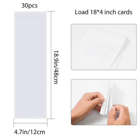 36 Pack Transparent Self-Adhesive Nameplate Pockets For Desks, 18.9 X 4.7 Inches, showing dimensions and easy peel feature