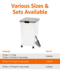 Airtight Pet Food Storage Container With Scoop Big 69 Quart Capacity For Dry Dog Food Cat Kibble And Bird Seed BPA Free FDA Grade Materials Removable Wheels Gray shown with various sizes and capacities chart.