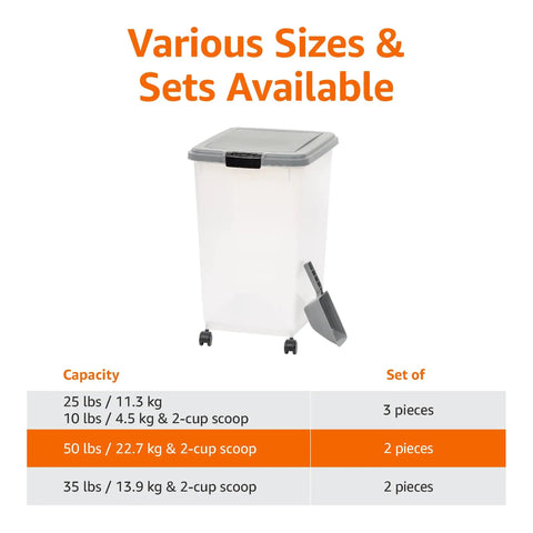 Airtight Pet Food Storage Container With Scoop Big 69 Quart Capacity For Dry Dog Food Cat Kibble And Bird Seed BPA Free FDA Grade Materials Removable Wheels Gray shown with various sizes and capacities chart.