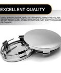 Close-up of 4 Pack Silver Car Wheel Center Hub Covers, 60 mm Outer Diameter And 50 mm Inner Diameter, Snap-In Rim Caps.